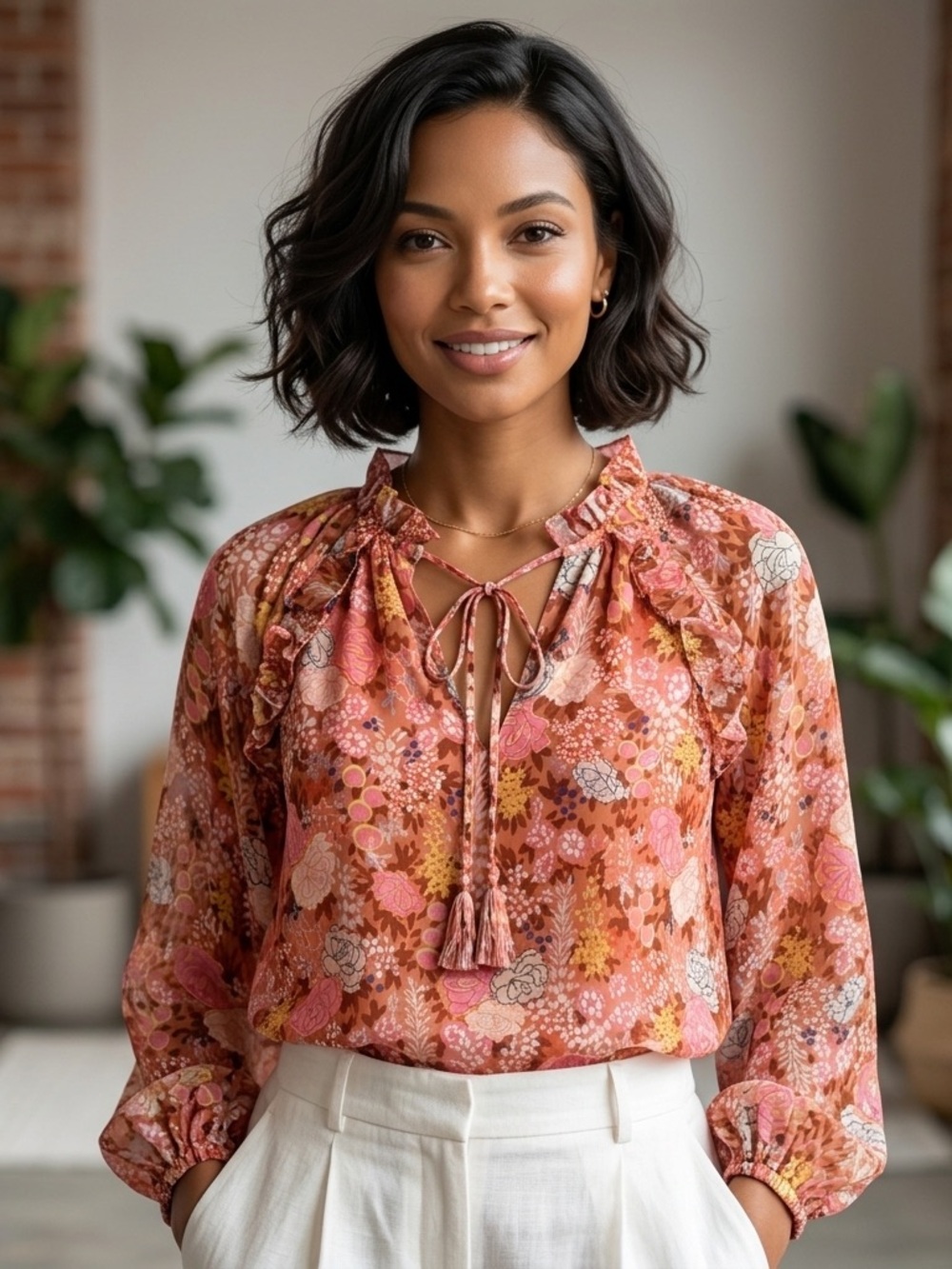 Marie Oliver Silk Metallic Floral Blouse Tassel Tie Neck Romantic Boho⁠ Ruffle